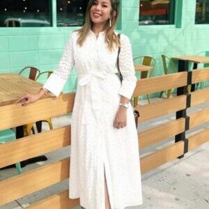 ZARA Embroidered Eylet Midi White Shirt Dress. Size M